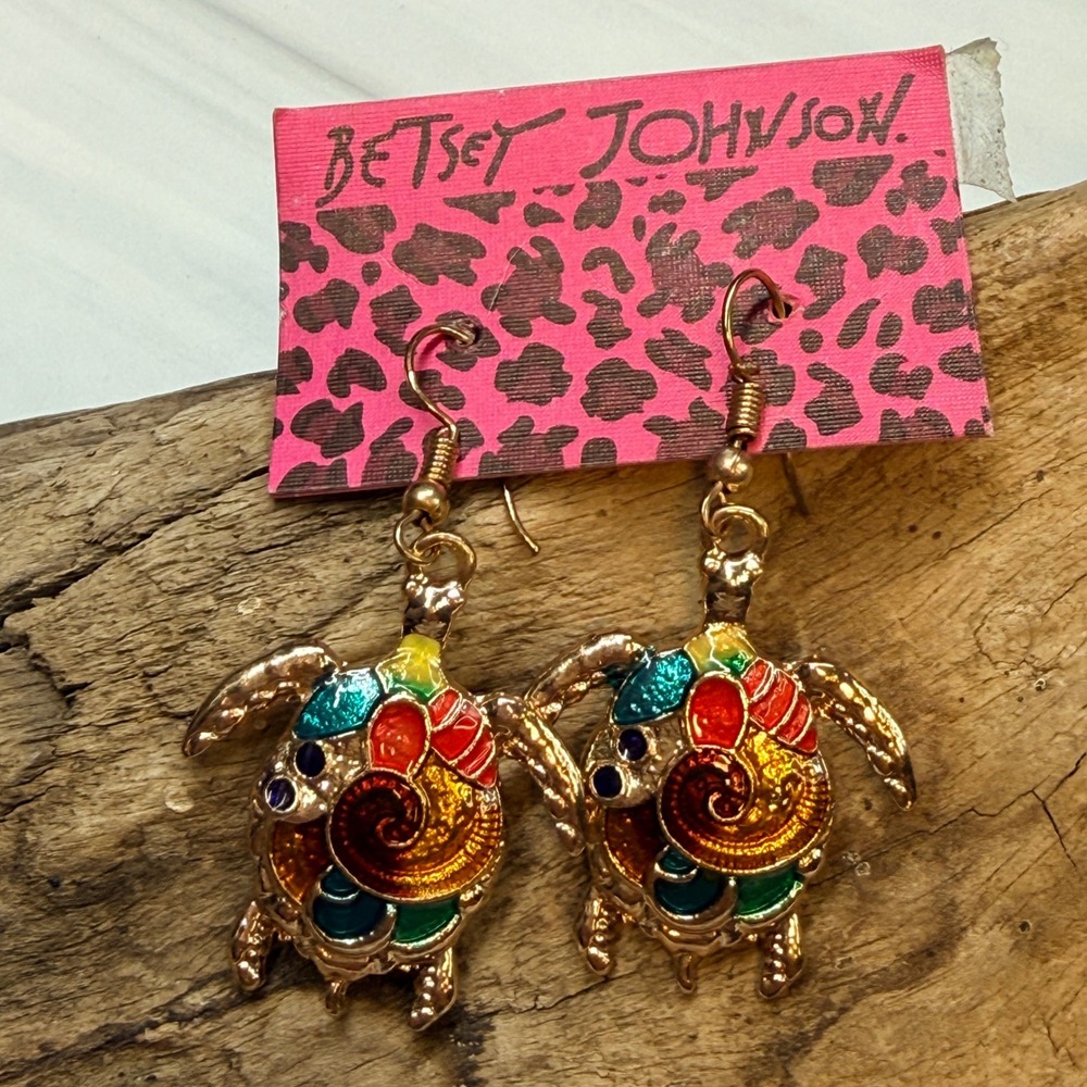 Betsey Johnson Multi Color Enamel Turtle Drop Earrings Gold Tone French Hook